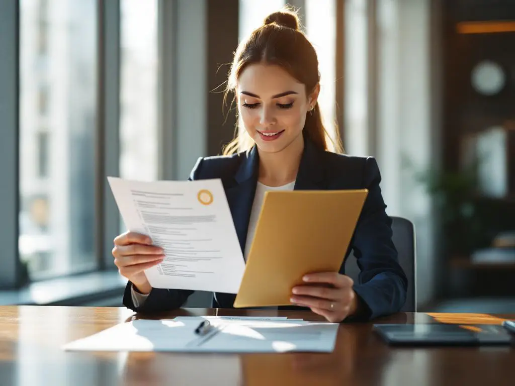 Zakenvrouw in marineblauw pak bekijkt checklist en houdt gouden certificaat vast in modern kantoor