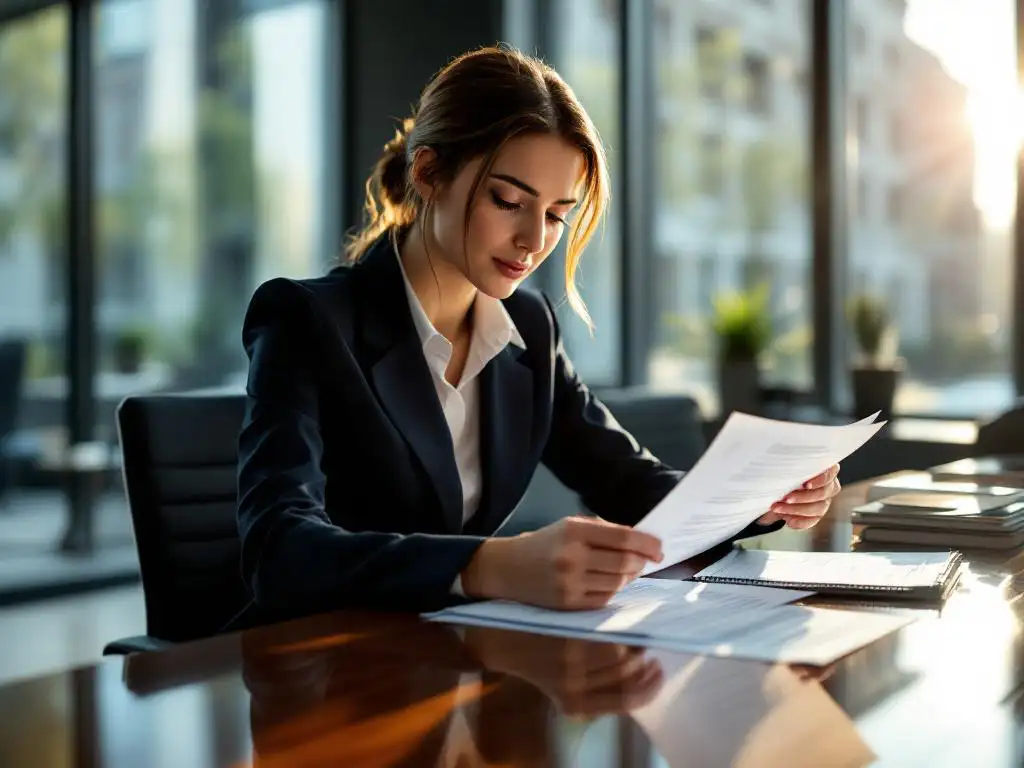 Zakenvrouw in marineblauw pak bekijkt compliance documenten met officiële zegels aan conferentietafel