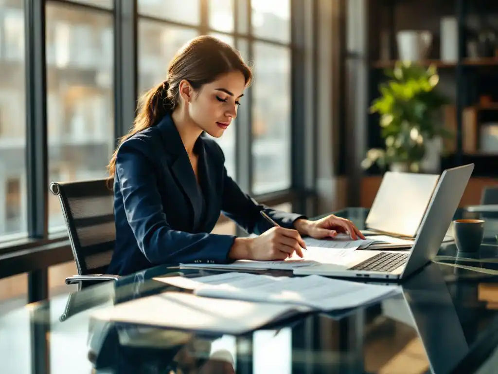 Professionele zakenvrouw in marineblauw pak bekijkt compliance documenten aan glazen bureau met laptop