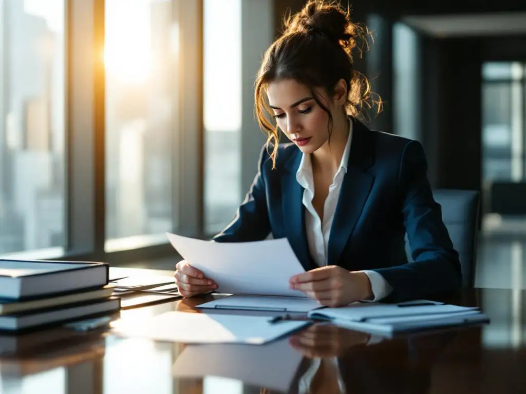 Professionele zakenvrouw in marineblauw pak bekijkt compliance documenten aan conferentietafel in modern kantoor