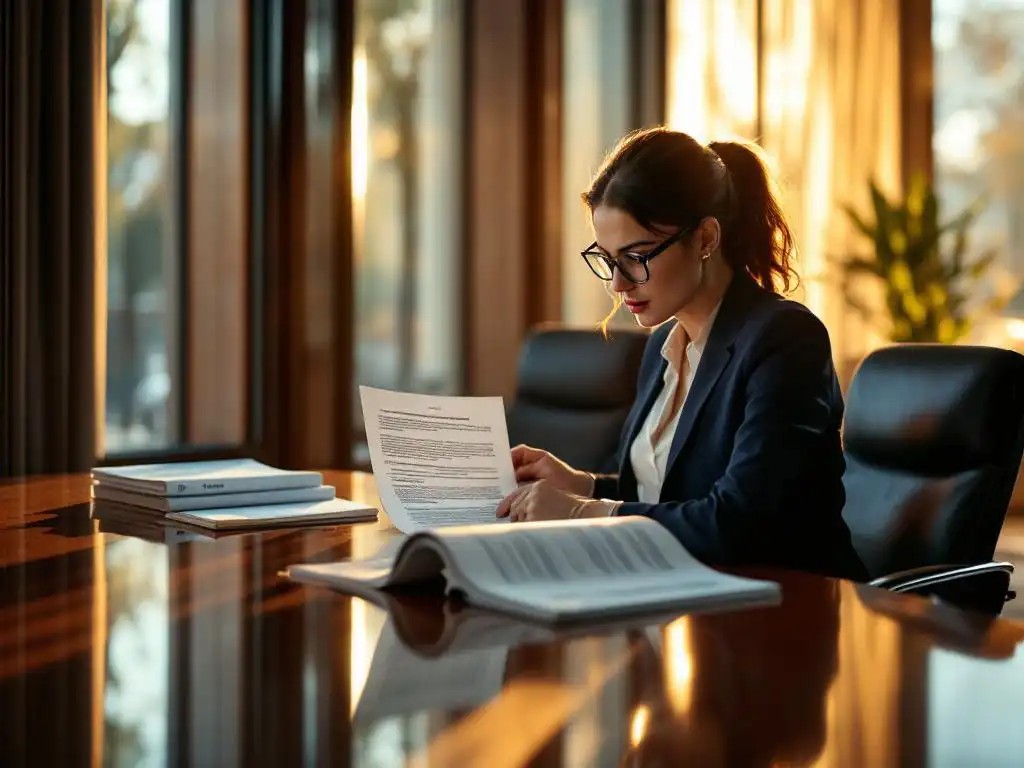 Zakenvrouw in marineblauw pak bestudeert Europese regelgevingsdocumenten aan vergadertafel in kantoor