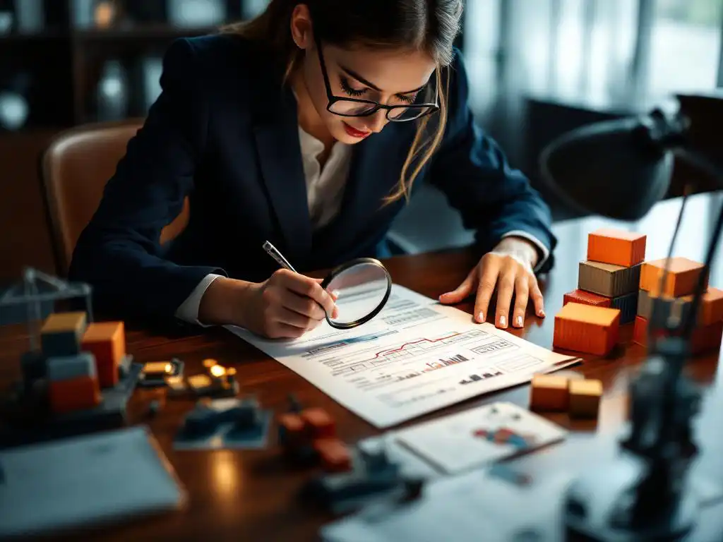 Zakenvrouw in marineblauw pak onderzoekt supply chain document met vergrootglas op mahonie vergadertafel