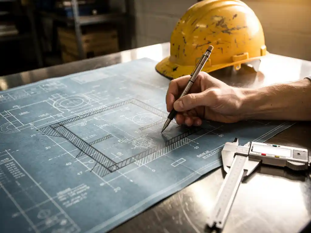 Versleten technische blauwdruk op stalen werktafel met herziene potloodlijnen, gele veiligheidshelm en digitale schuifmaat ernaast.