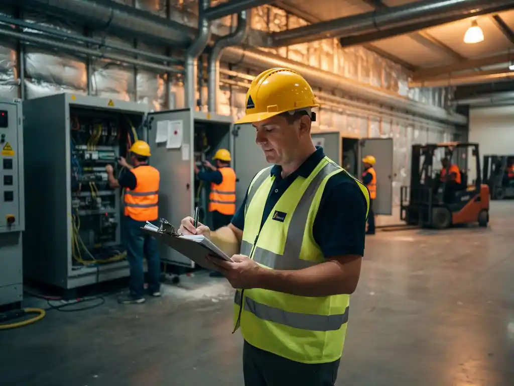 Sitebeheerder met helm controleert klembord op actieve fabriekshal in renovatie, elektriciens en isolatiemonteurs op de achtergrond.