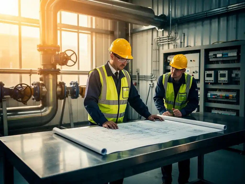 Fabrieksingenieur met helm bestudeert energie-infrastructuur blauwdrukken op stalen werktafel, collega op achtergrond, industriële omgeving.
