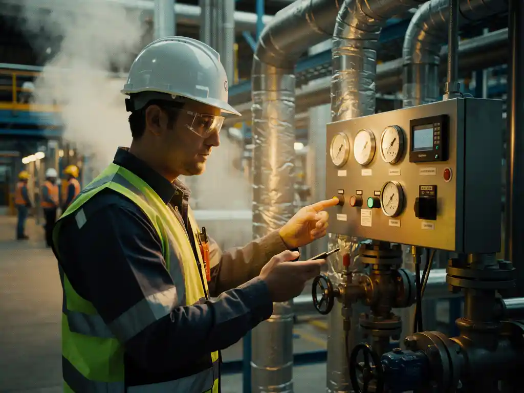 Ingenieur inspecteert energiemonitoringmeters en leidingisolatie in actieve chemische fabriek met opstijgende stoom op de achtergrond.