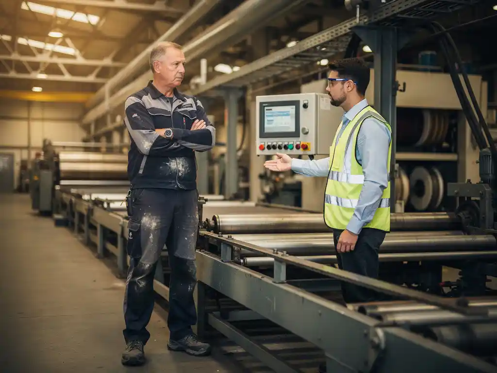 Ervaren fabrieksoperator met gekruiste armen naast productielijn, jongere ingenieur wijst naar controlepaneel, spanning zichtbaar in lichaamstaal.