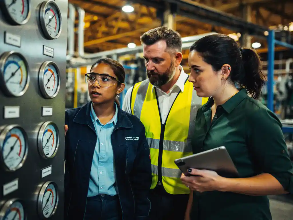 Diverse fabrieksmedewerkers bestuderen energieverbruiksdata op industrieel controlepaneel met meters in productiefaciliteit.