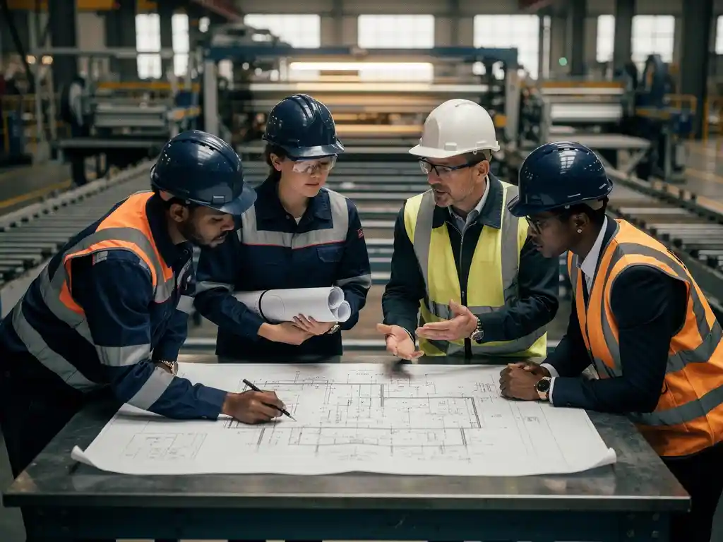 Vier industriële professionals in werkkleding en helmen bestuderen een technische blauwdruk op een staalfabrieksvloer.