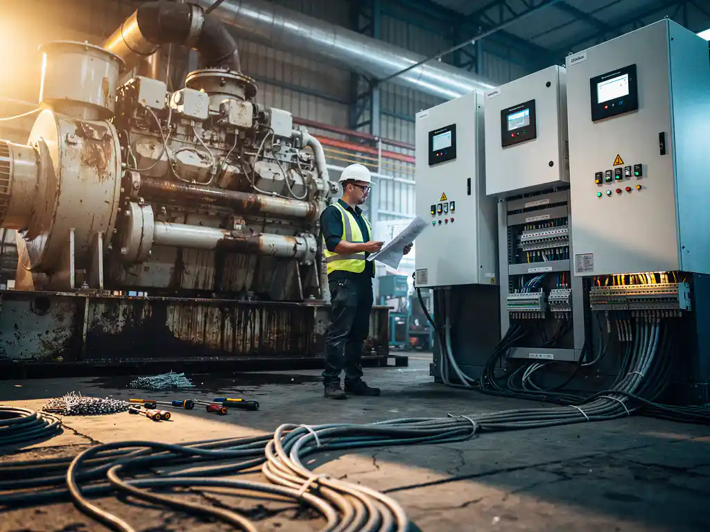 Ingenieur met helm bekijkt schema's naast oude dieselgeneratoren en nieuwe zonne-omvormers op een fabriekshal in transitie.