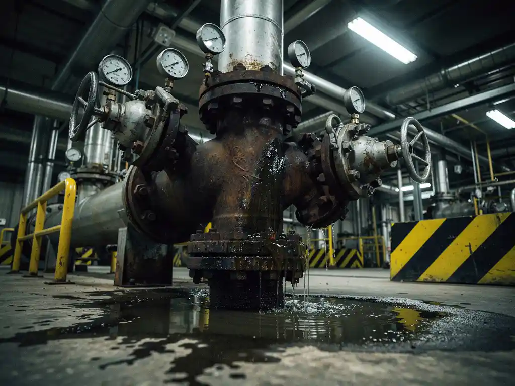 Gecorrodeerde industriële pijpverbinding lekt troebel water op betonvloer in chemische fabriek, omgeven door manometers en veiligheidsslagbomen.
