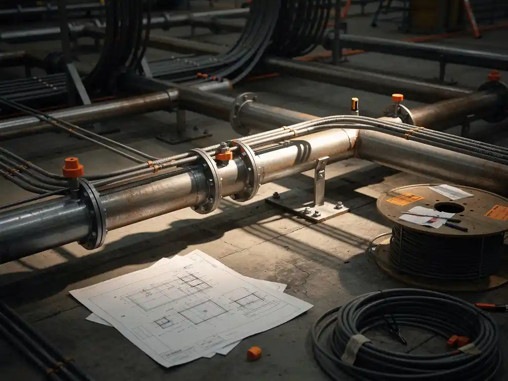 Onafgewerkte industriële leidingen en elektrische kabels op een fabriekshal vloer, met verspreide technische documenten en kabelrollen.