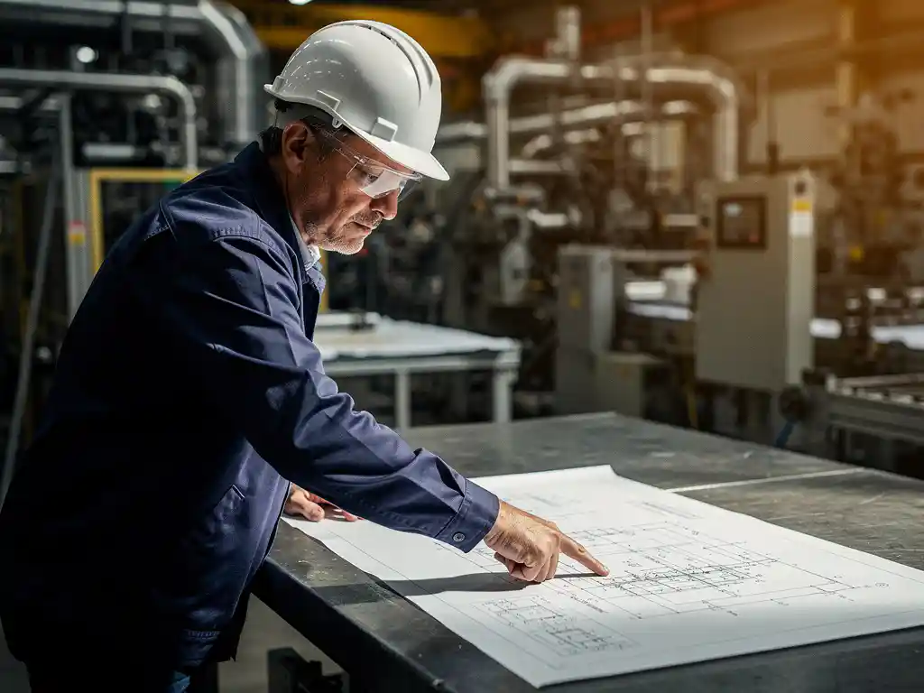 Ervaren ingenieur met helm bestudeert technische tekeningen op stalen werktafel in actieve productiefaciliteit.