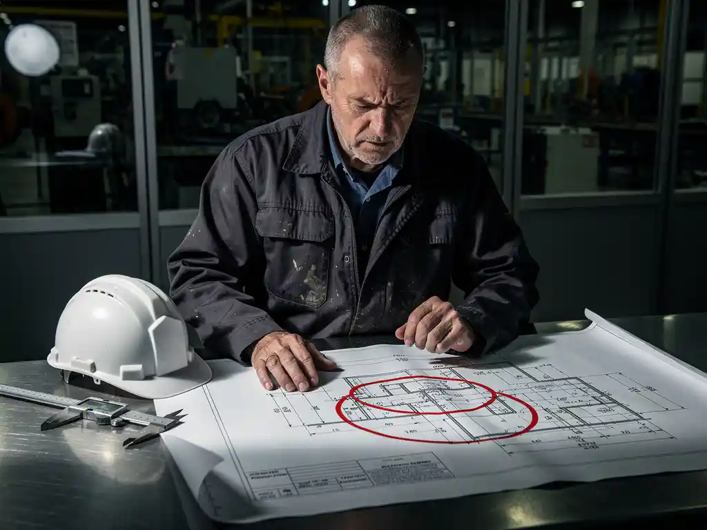 Ingenieur bestudeert industriële bouwtekening met rode markeringen op stalen werktafel, helm en schuifmaat op de voorgrond.