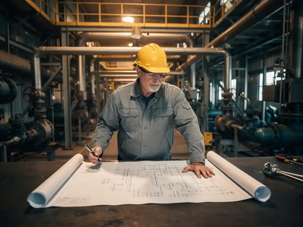 Projectingenieur met helm bestudeert technische blauwdrukken op stalen werktafel in actieve industriële fabriek met pijpsystemen op achtergrond.