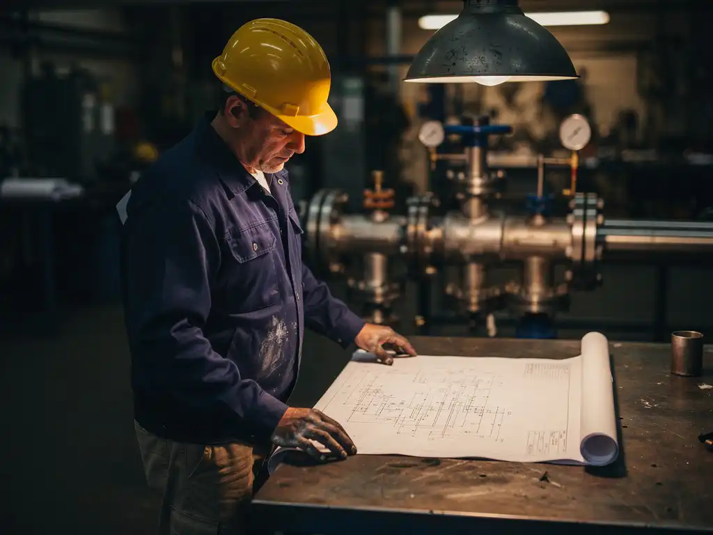 Ingenieur met helm bestudeert technische blauwdrukken op werkbank, met pijpassemblage op de achtergrond in warm industrieel licht.