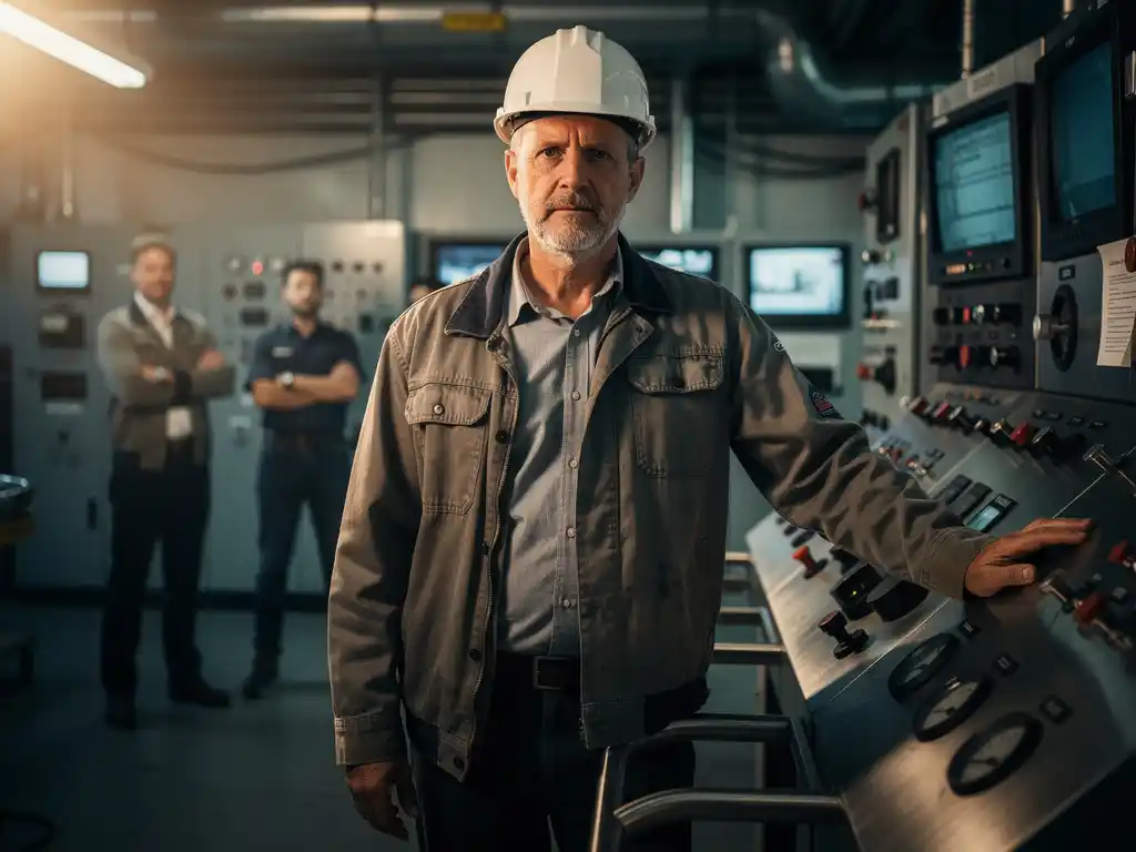 Ingenieur met helm legt hand op controlepaneel in gespannen industriële controlekamer, collega's op de achtergrond.