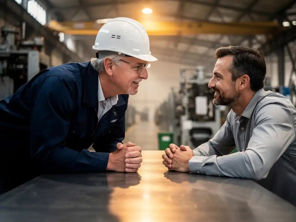 Ingenieur met veiligheidshelm in gesprek met klant aan fabriekstafel, open lichaamstaal en oogcontact, industriële machines op achtergrond.