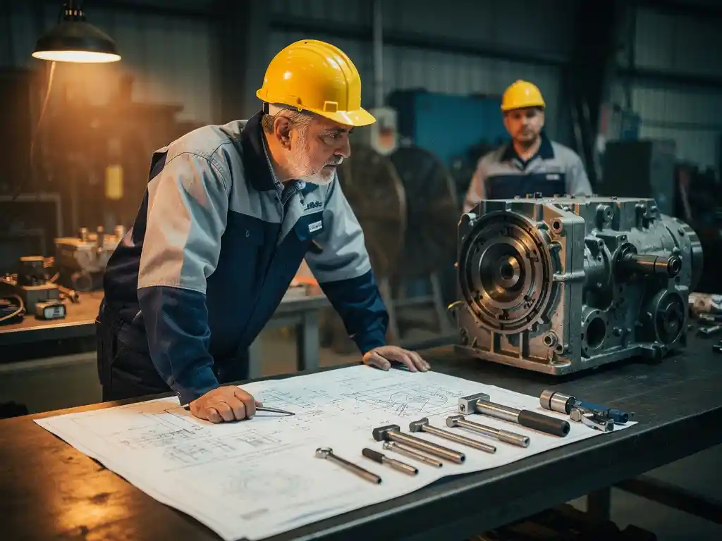 Ingenieur met helm bestudeert mechanische schema's op werkbankblad naast gereedschap en machinedeel, collega op achtergrond.