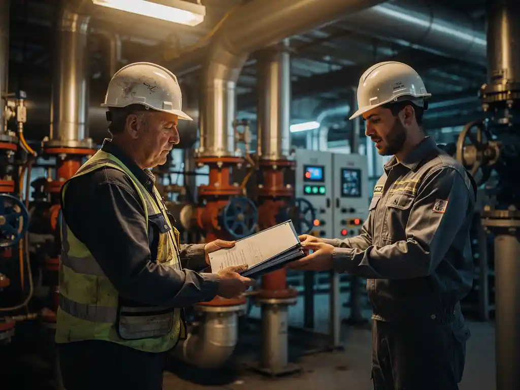 Doorgewinterde ingenieur met helm overhandigt technische map aan operationsmanager in industriële fabriek met stalen leidingen en controlepanelen.