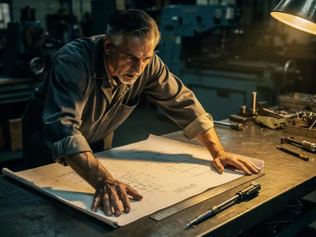 Ingenieur bestudeert technische tekening op stalen werktafel met liniaal en mechanisch potlood, industriële machines op achtergrond.