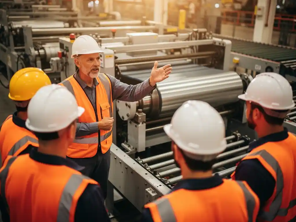 Ervaren ingenieur in helm en veiligheidsvest begeleidt team bij apparaatoriëntatie op industriële productielijn.