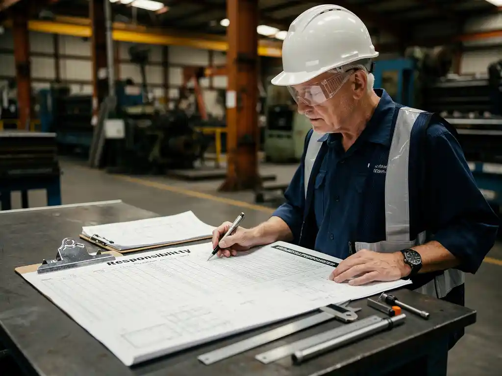 Senior engineer met helm bestudeert projectverantwoordelijkheidsmatrix op stalen werktafel in productiefaciliteit, omringd door technische tekeningen.