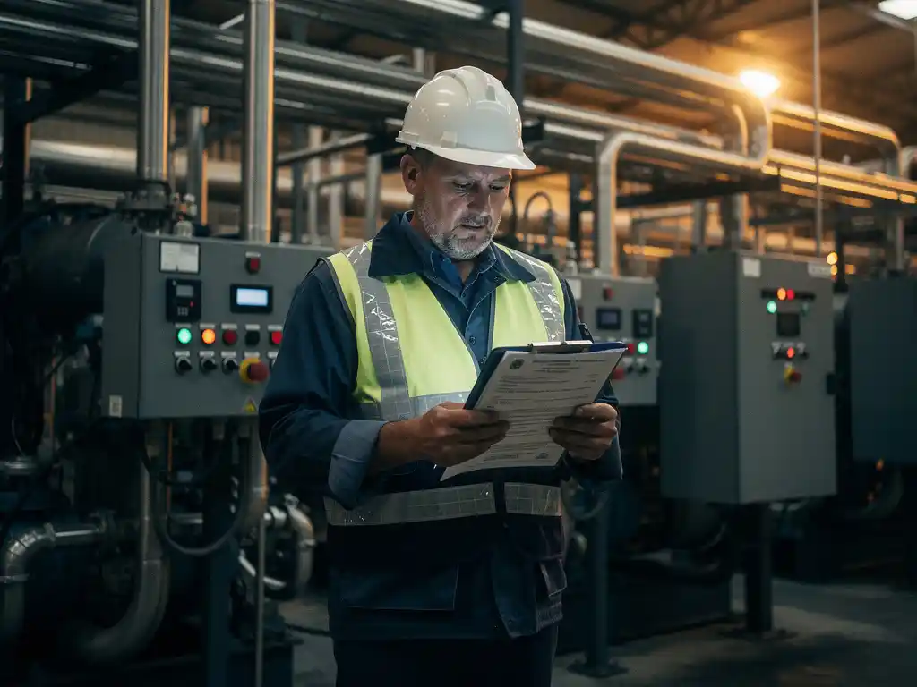Ingenieur met helm controleert vergunningsdocument op klembord in industriële productiehal met leidingen en controlepanelen.