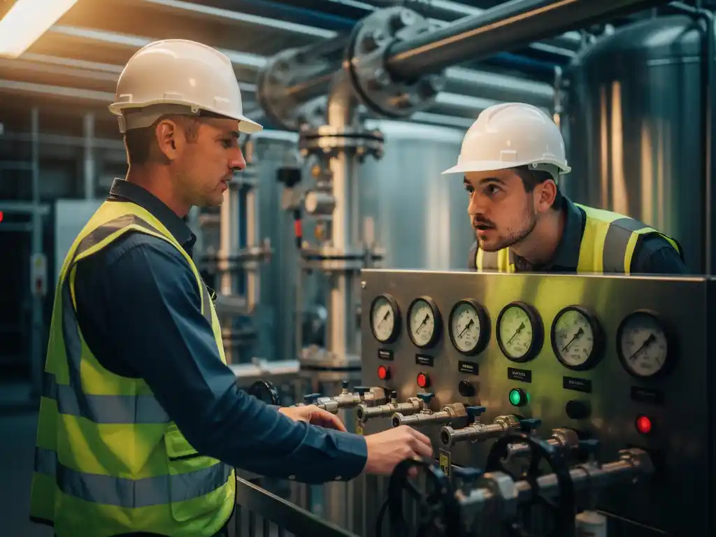 Ingenieur met helm en veiligheidsvest bedient controlepaneel van industriële waterbehandelingsinstallatie, collega instruerend.