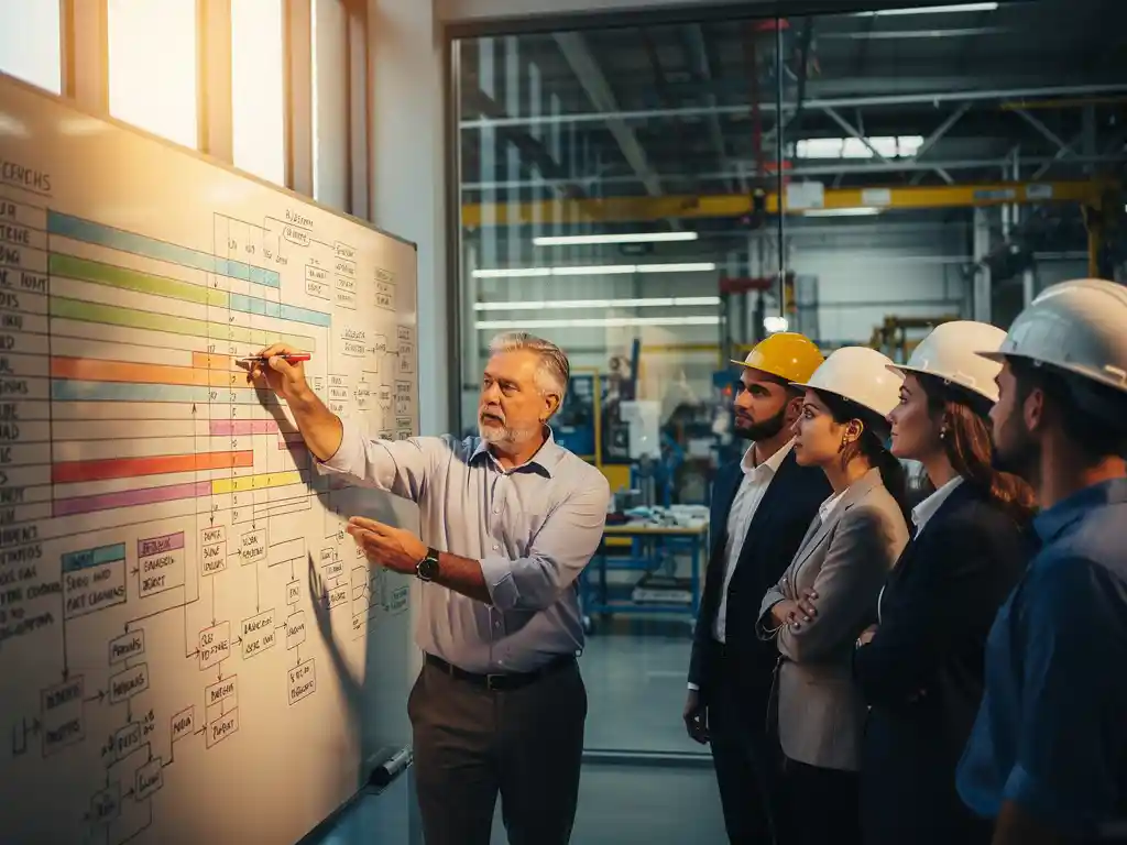 Ingenieur wijst naar projecttijdlijnen en stroomdiagrammen op whiteboard, collega's in veiligheidshelmen luisteren aandachtig in modern kantoor.