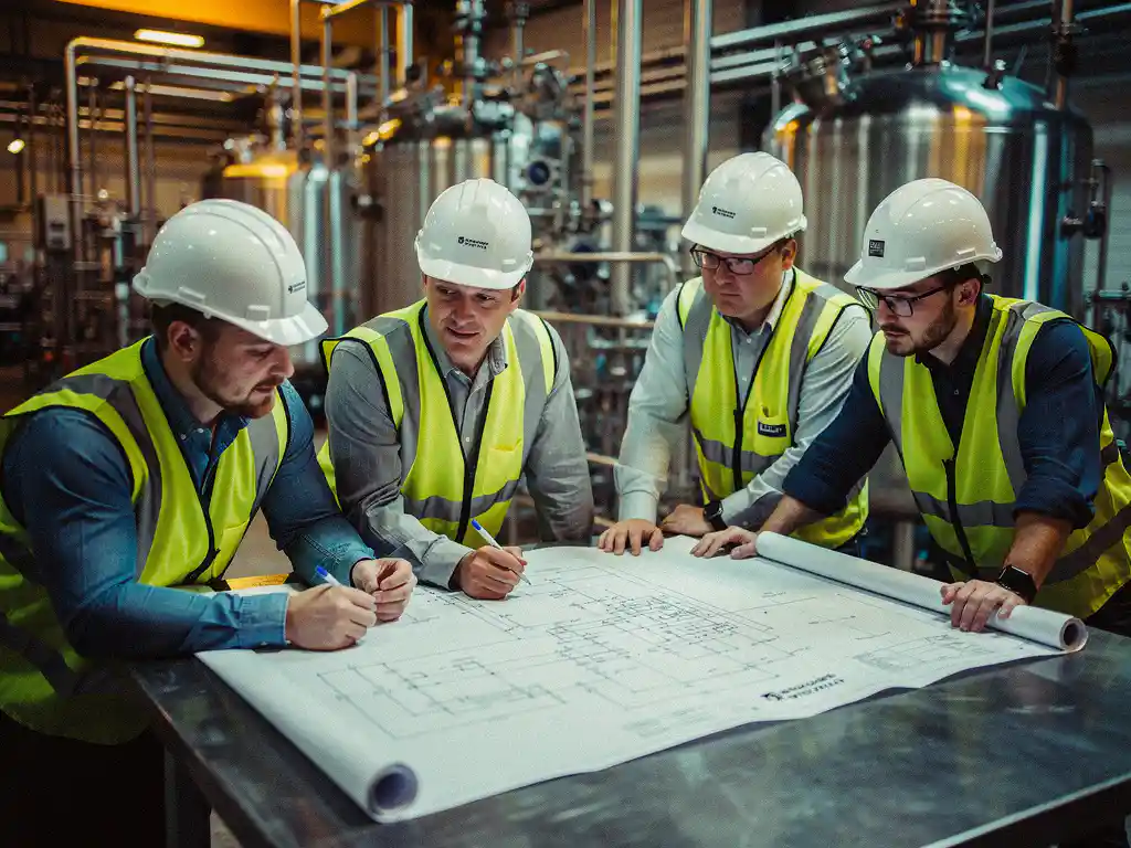 Divers ingenieursteam in veiligheidshelmen bestudeert technische blauwdruk in chemische productiefaciliteit met roestvrijstalen reactorvaten op achtergrond.