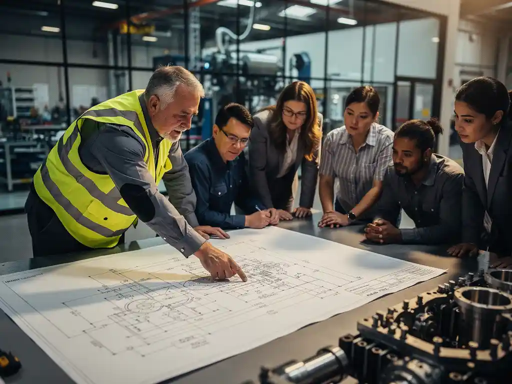 Diverse ingenieurs rond een werktafel met technische tekeningen, senior ingenieur wijst naar blauwdruk, moderne fabriekshal op achtergrond.