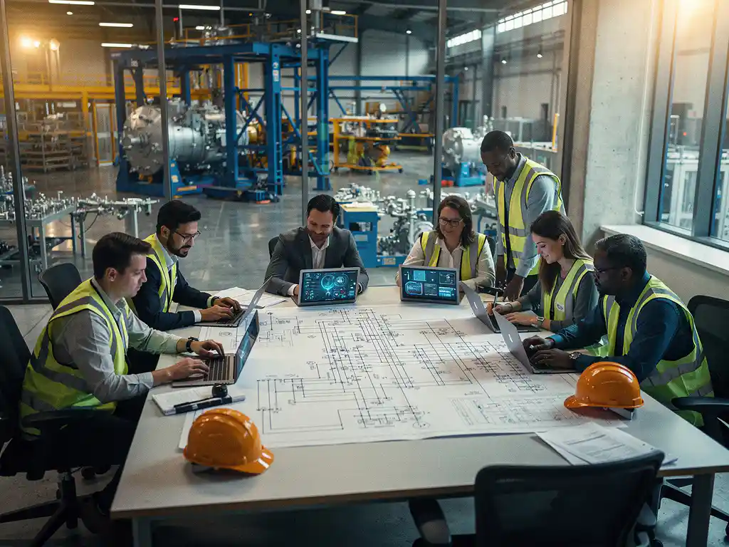 Diverse groep ingenieurs rond projecttafel met technische schema's voor energiesystemen, helmen en laptops zichtbaar in modern ingenieurskantoor.
