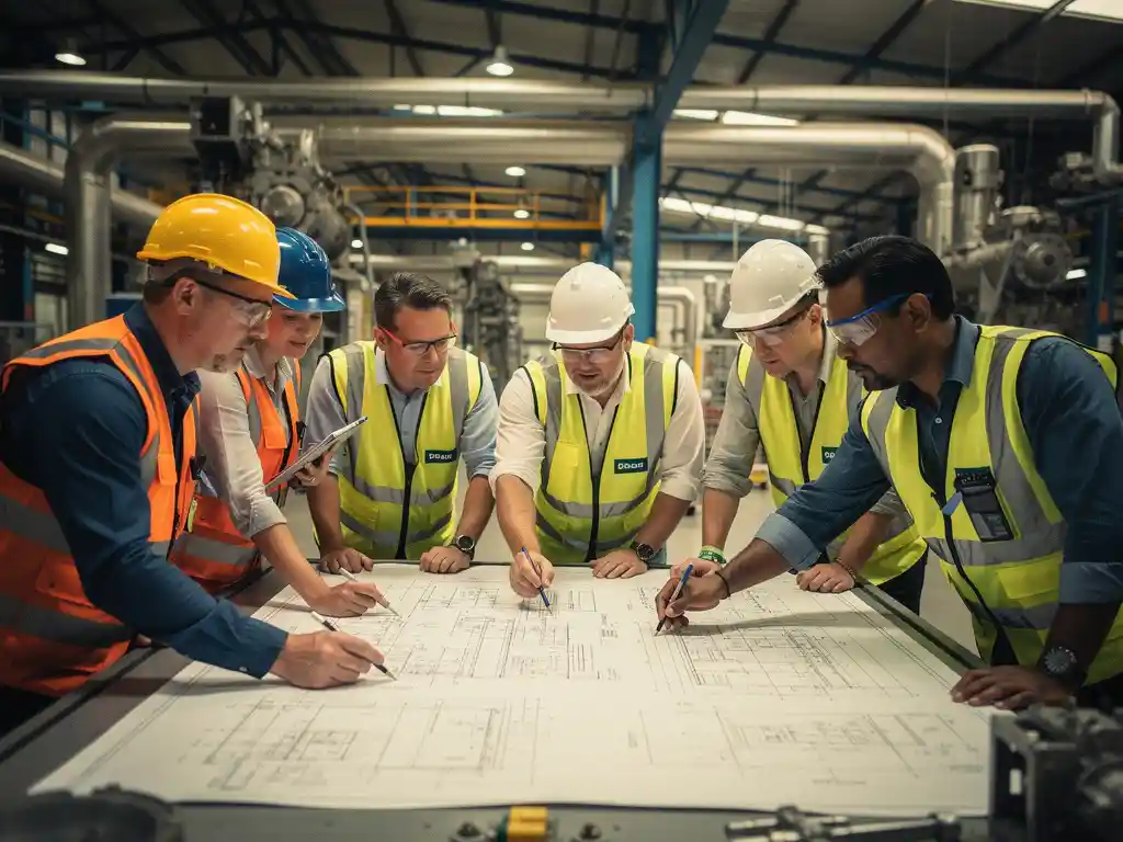 Diverse groep ingenieurs in veiligheidsvesten bestudeert technische tekeningen aan een industriële projecttafel in een moderne fabriek.