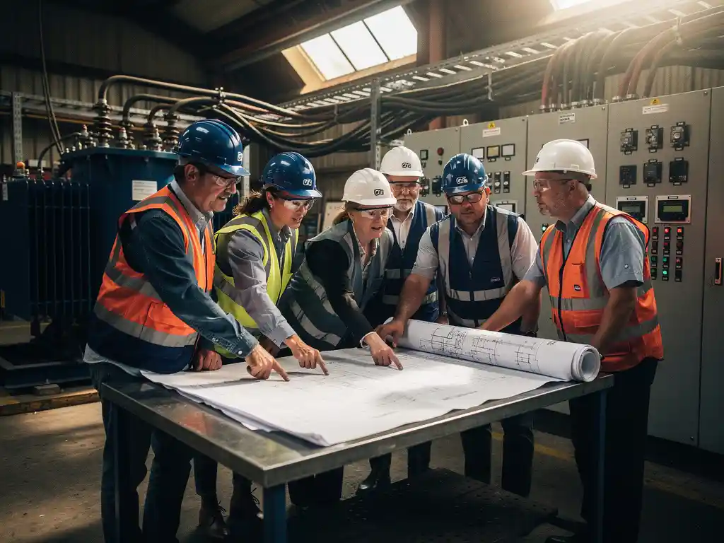 Diverse groep ingenieurs bestudeert technische schema's bij een industrieel schakelboard in een fabriek, met transformatoren op de achtergrond.