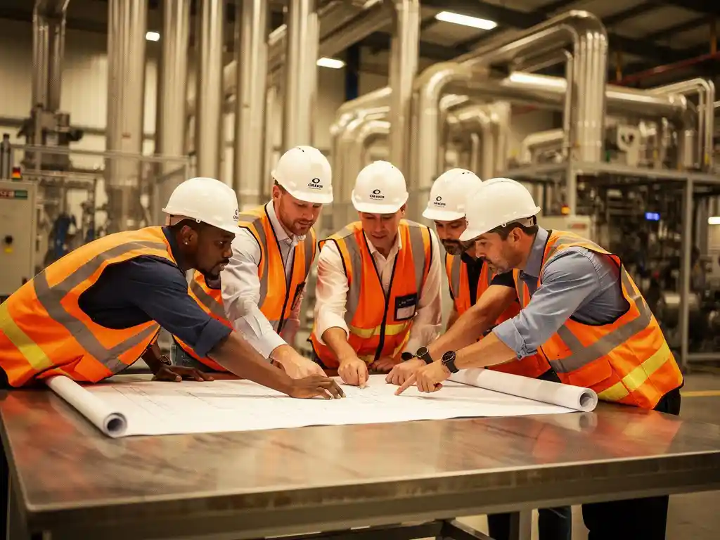 Diverse groep ingenieurs in helmen en veiligheidsvesten bestudeert technische tekeningen aan een werktafel in een moderne productiefaciliteit.