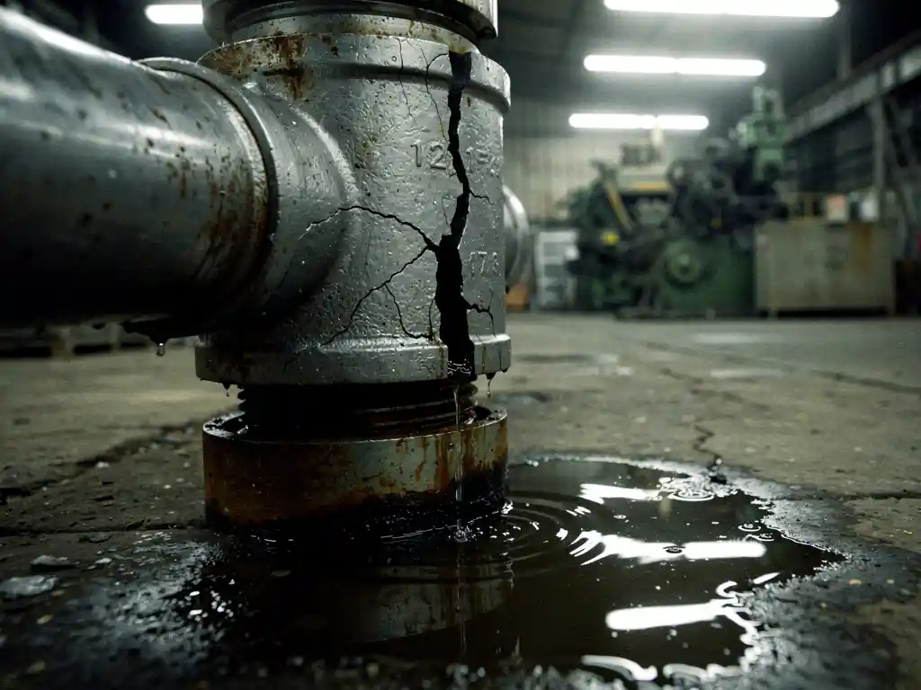 Gebarsten industriële pijpverbinding die troebel water lekt op een betonnen fabrieksloer, weerspiegeld in fluorescerend licht.