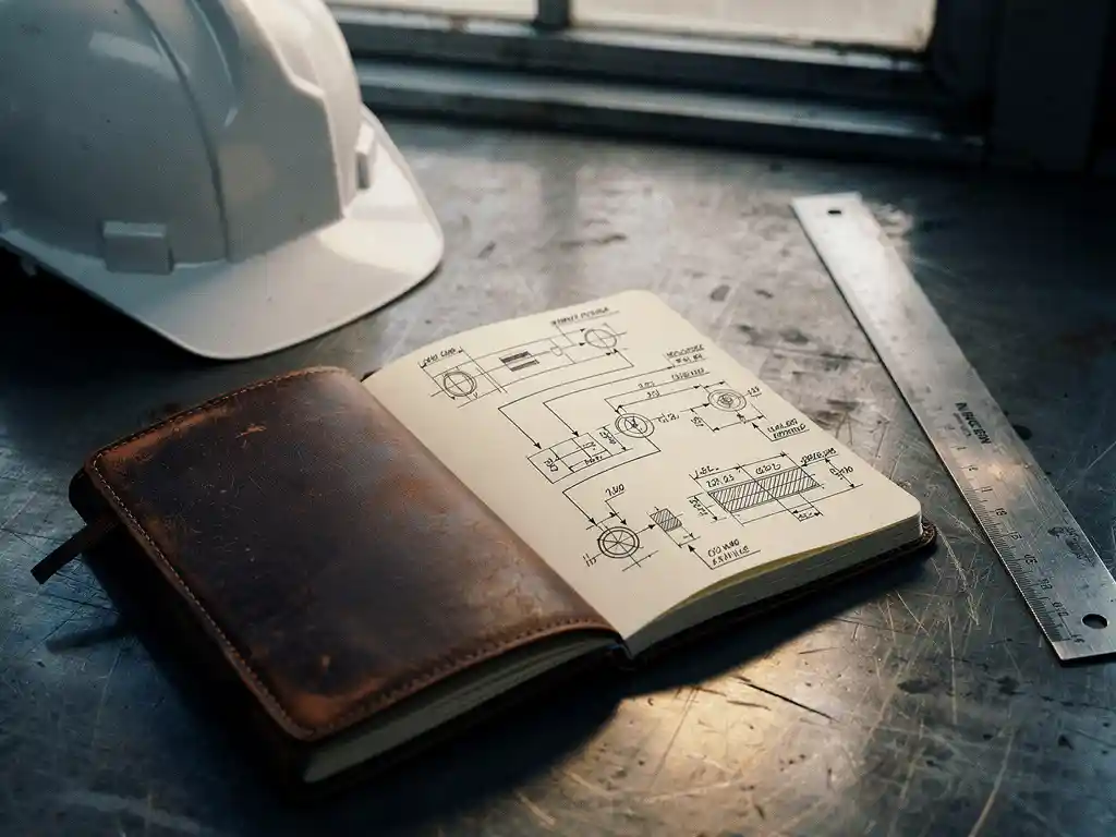 Versleten leren notitieboek met technische engineeringschetsen, maatlijnen en processtroomdiagrammen in inkt, naast een helm en stalen liniaal op een fabrieksv­loer.