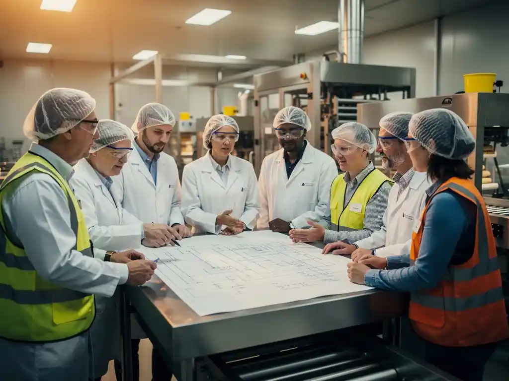 Divers team van ingenieurs en voedselveiligheidsspecialisten bestudeert technische schema's bij een roestvrijstalen productielijn in een moderne voedselfabriek.