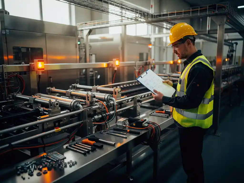 Ingenieur met helm bestudeert technische tekeningen bij gedeeltelijk gedemonteerde voedselverpakkingslijn met pneumatische slangen.