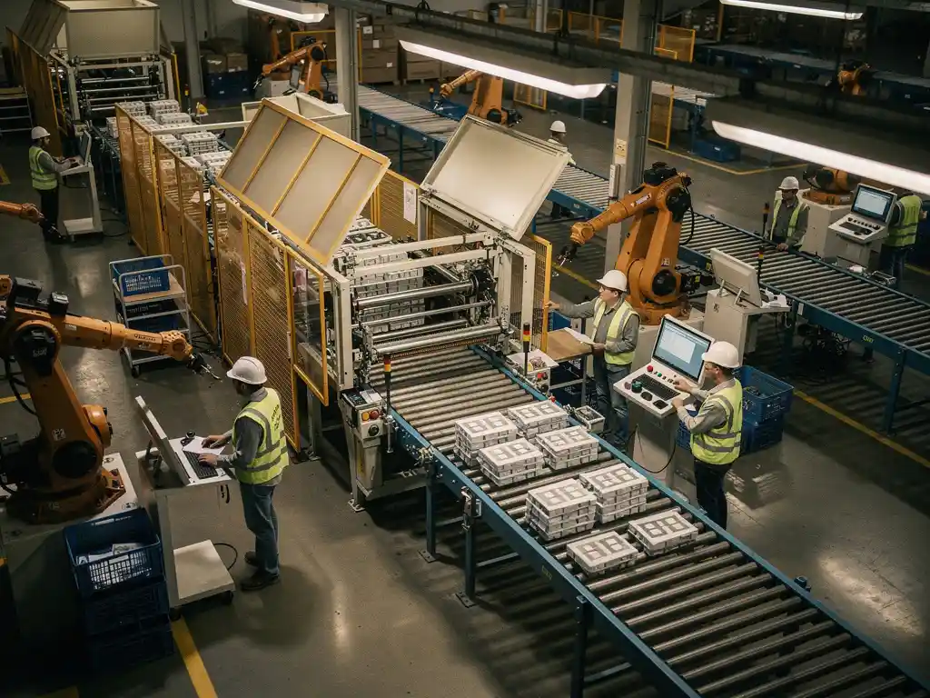 Ingenieurs met helmen coördineren onderhoud aan gedeeltelijk gedemonteerde productielijn naast actieve transportbanden in fabriek.