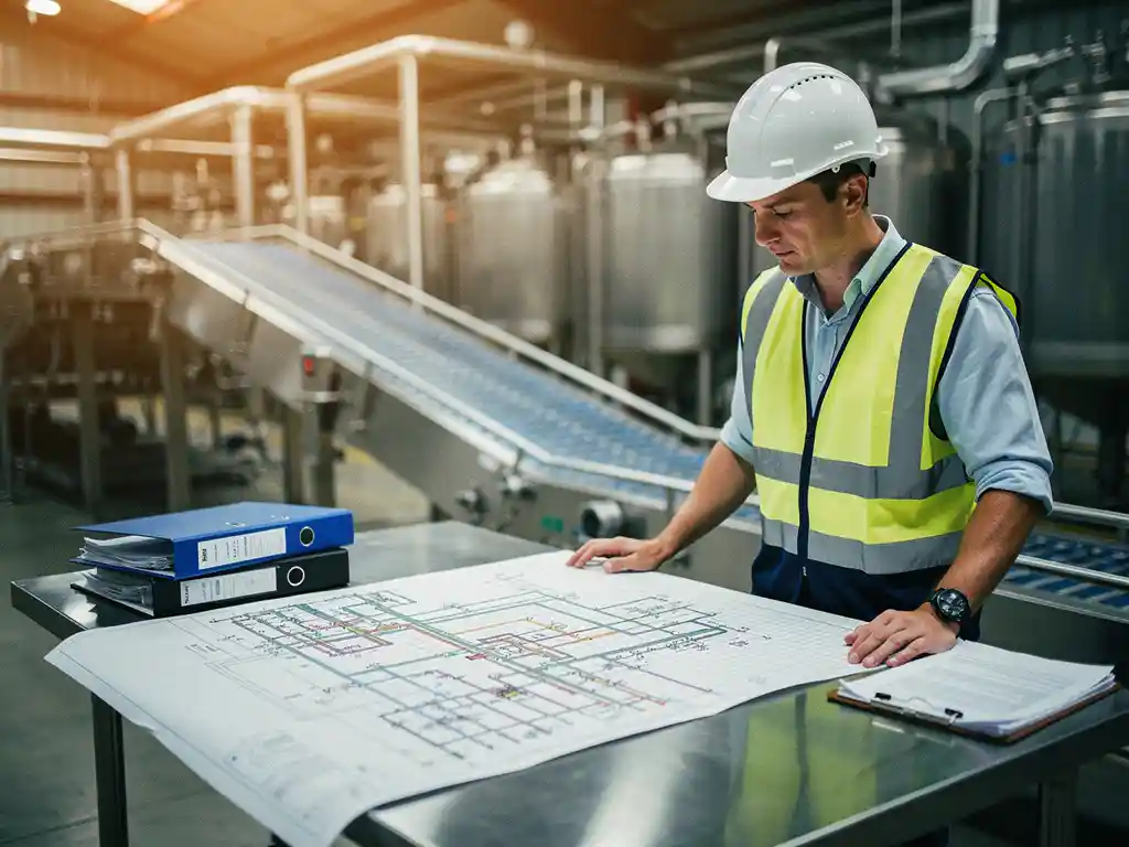 Technisch manager met helm en veiligheidsvest bestudeert productieschema op roestvrijstalen fabriekstafel, voedselverwerkingsapparatuur op achtergrond.