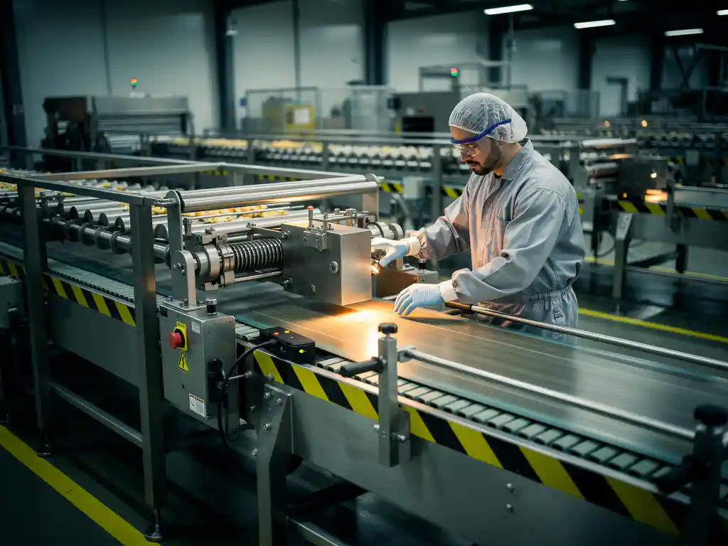 Technicus in beschermende uitrusting installeert industriële apparatuur naast een draaiende productielijn met roestvrijstalen oppervlakken en gele veiligheidmarkeringen.