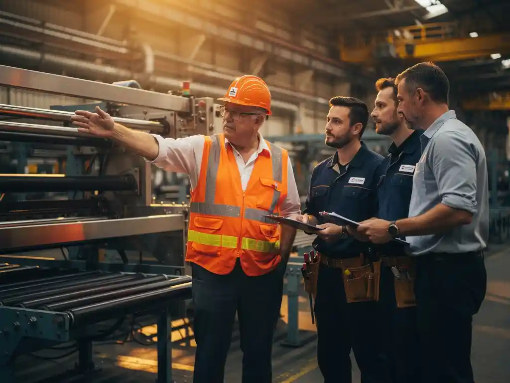 Senior ingenieur in veiligheidshelm wijst naar aangepaste transportband terwijl collega's een klembord bestuderen op productiевloer.