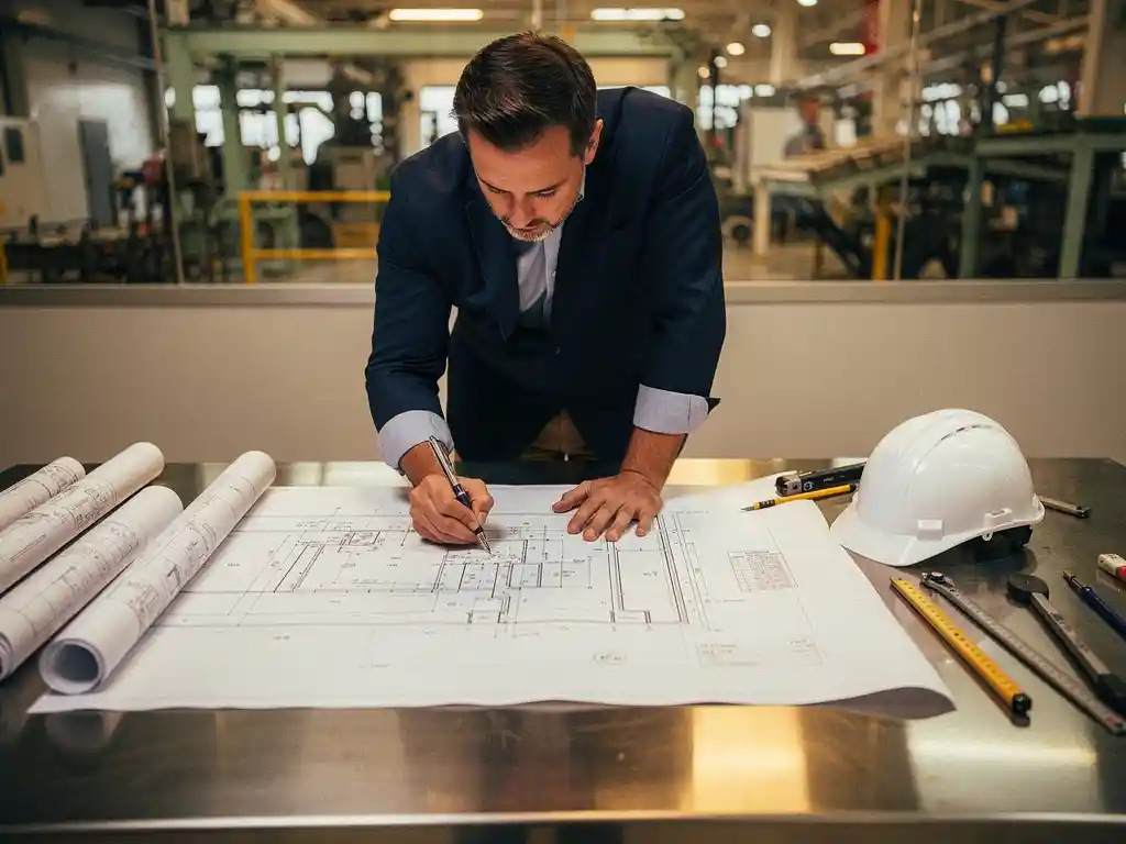 Technisch manager markeert scopegrenzen op industriële projectblauwdruk aan stalen werktafel, met helm en engineeringschema's.