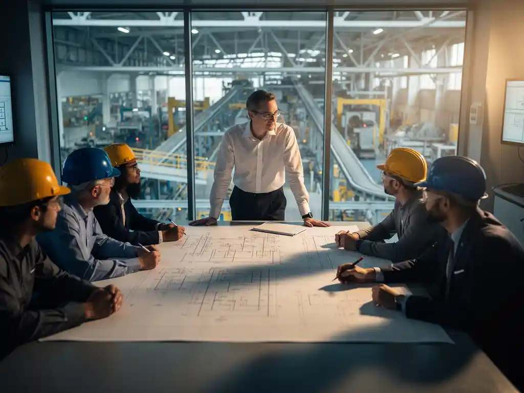 Projectmanager leidt divers ingenieursteam bij het bestuderen van technische schema's aan een industriële tafel, fabrieksvloer op de achtergrond.