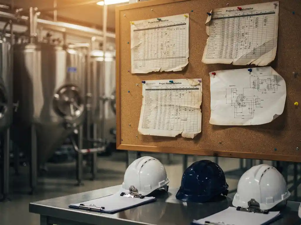Versleten projecttijdlijn met Gantt-diagrammen en technische schetsen op kurkbord in voedselproductiefaciliteit, veiligheidshelmens op achtergrond.