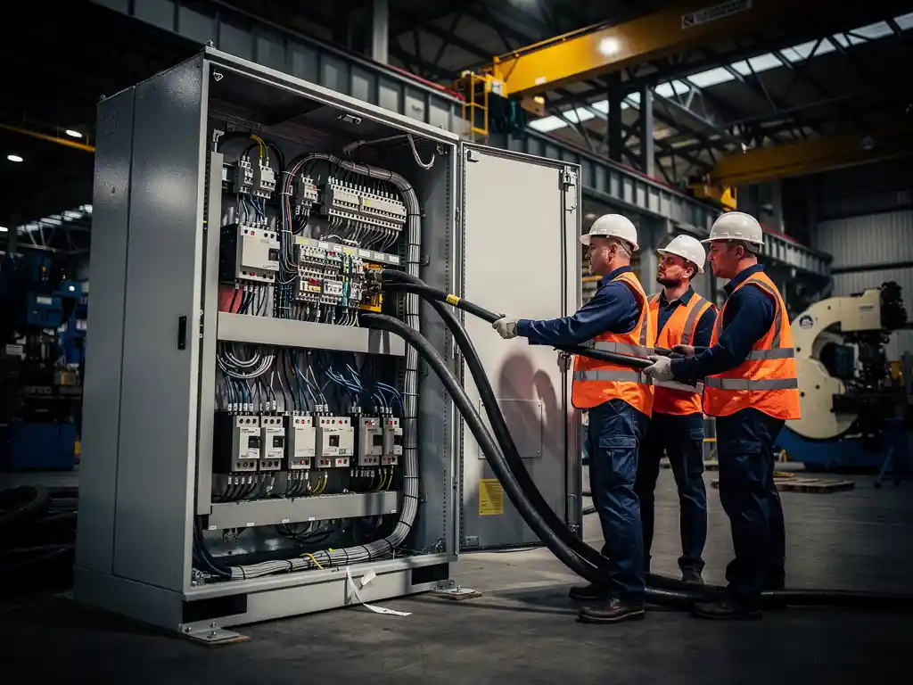 Ingenieurs met helmen en veiligheidsvesten begeleiden installatie van industrieel schakelkast in productiefaciliteit.
