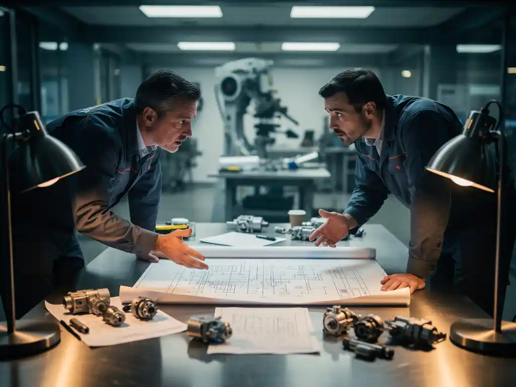 Twee ingenieurs in werkatelier overleggen intensief over technische schema's en machineonderdelen tekeningen op een stalen industriële tafel.