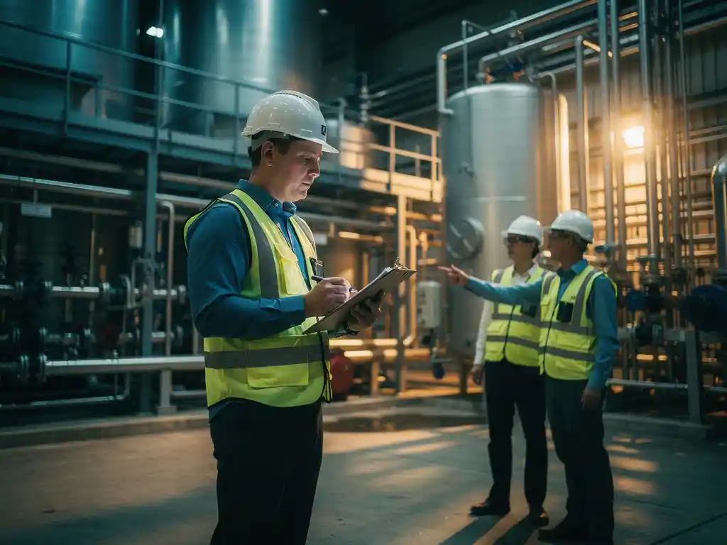 Toezichthouder met helm controleert klembord op industriële fabrieksvloer, waterbehandelingstanks en leidingnetwerk op achtergrond.